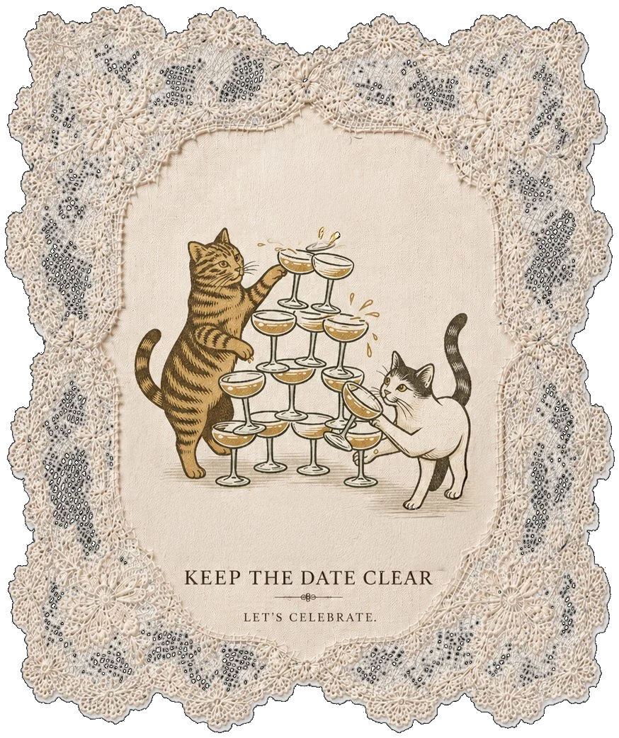 Two cats celebrating with a champagne tower. Keep the date clear — let's celebrate.